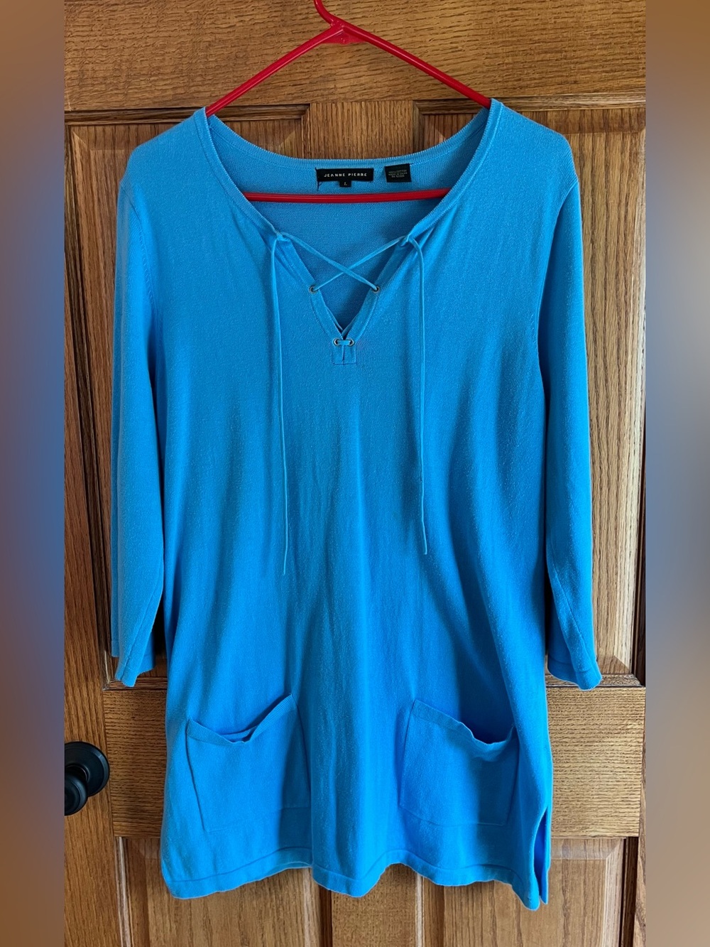 Jeanne Pierre Blue Lace-Up Pocket Tunic Size Large 3/4 Sleeve Cotton